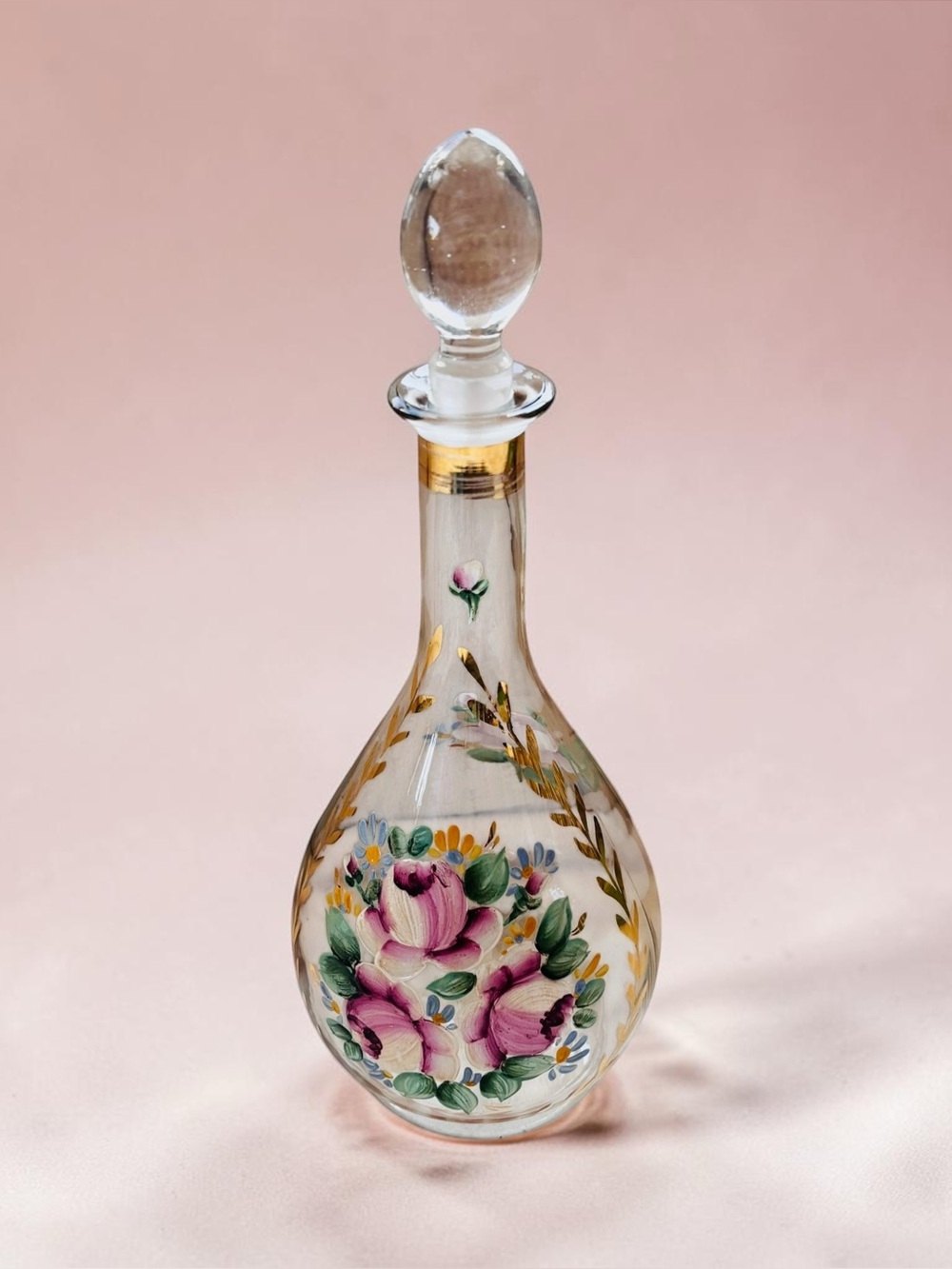 Vintage Mid-century Hand Painted Decanter Pink Roses